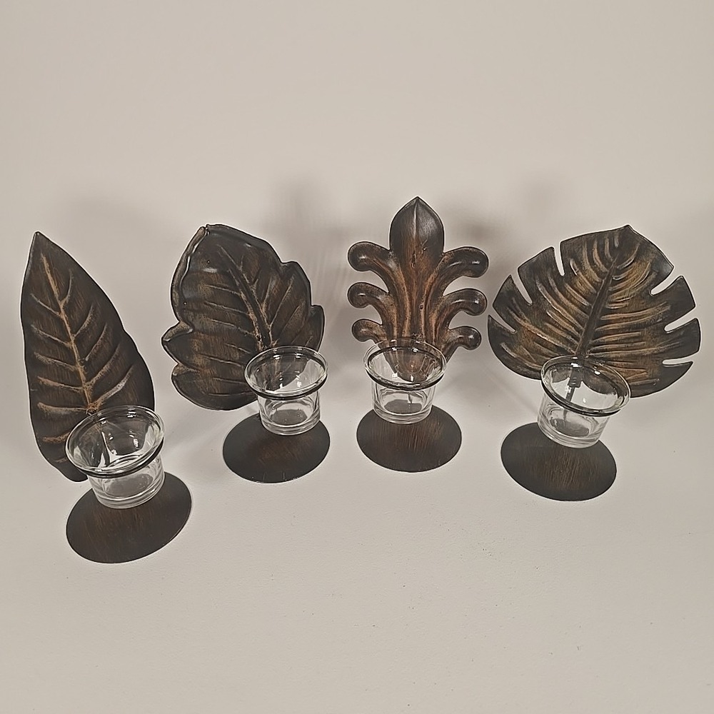 Fall Leaf Tealight Candle Holder Metal Ware Standing Nature‎ Lot Of 4